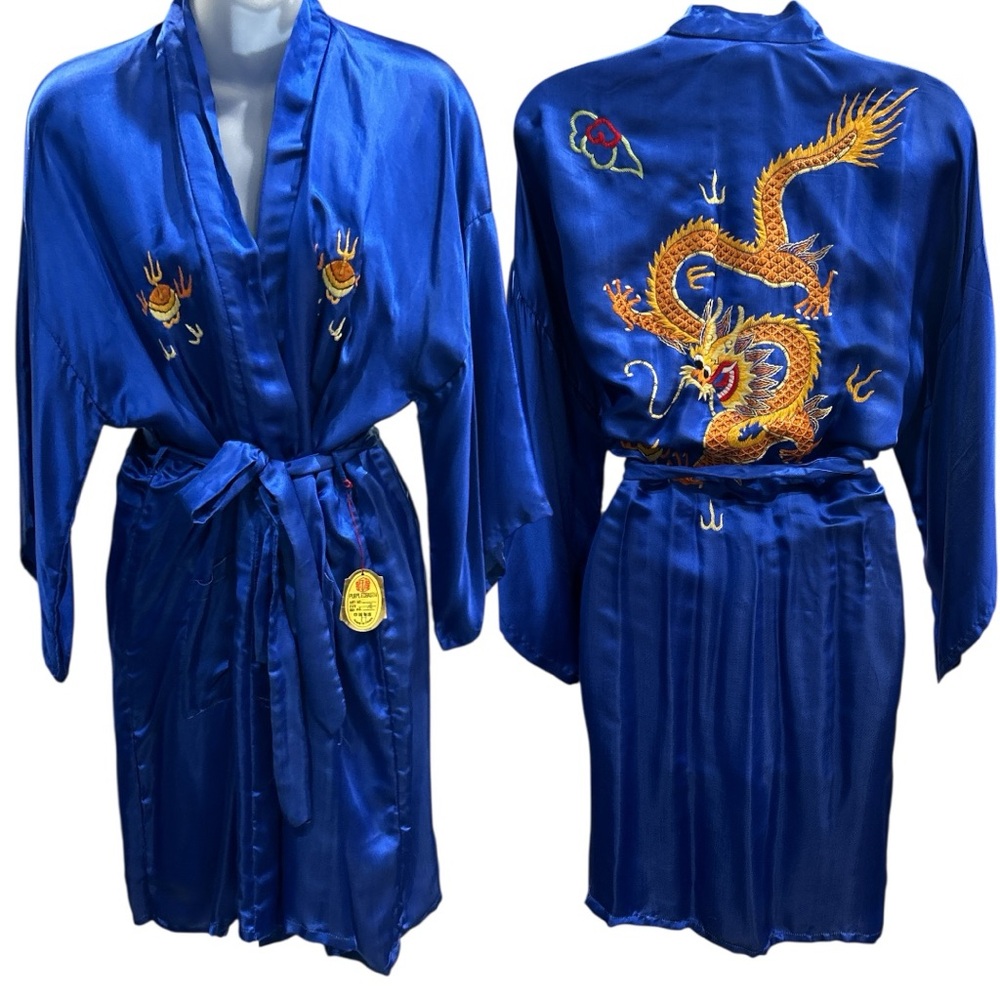 Golden Dragon Purple Dragon Royal Blue Embroidered‎ Silk Short Robe - Size XL